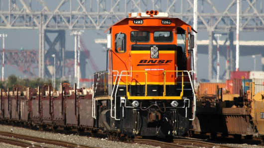 A Burlington Northern Santa Fe train sits idle at the Port of Oakland.